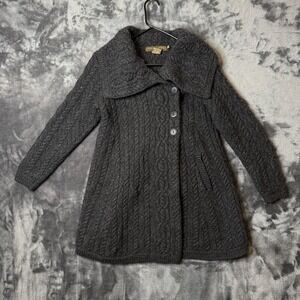 Inis Crafts Gray Cable Knit Long Button Up Cardigan Sweater Merino Wool Size S